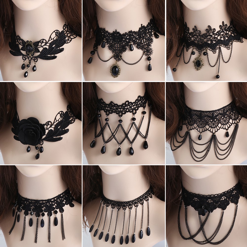 Vòng Cổ Choker Vải Ren Màu Đen Phong Cách Steampunk Gothic Sang Trọng Quyến Rũ|Mặt Dây Chuyền
