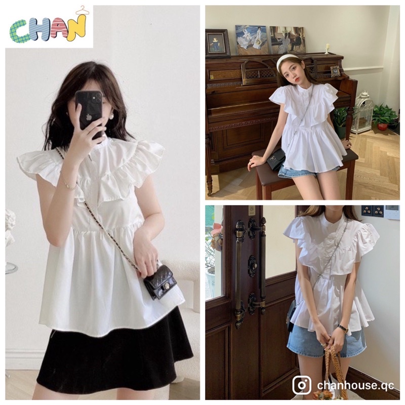 Áo Sơ Mi Bèo Vai Cổ Tàu Sát Nách Ulzzang, Áo Tiểu Thư Màu Trắng Cực Xinh Chan House
