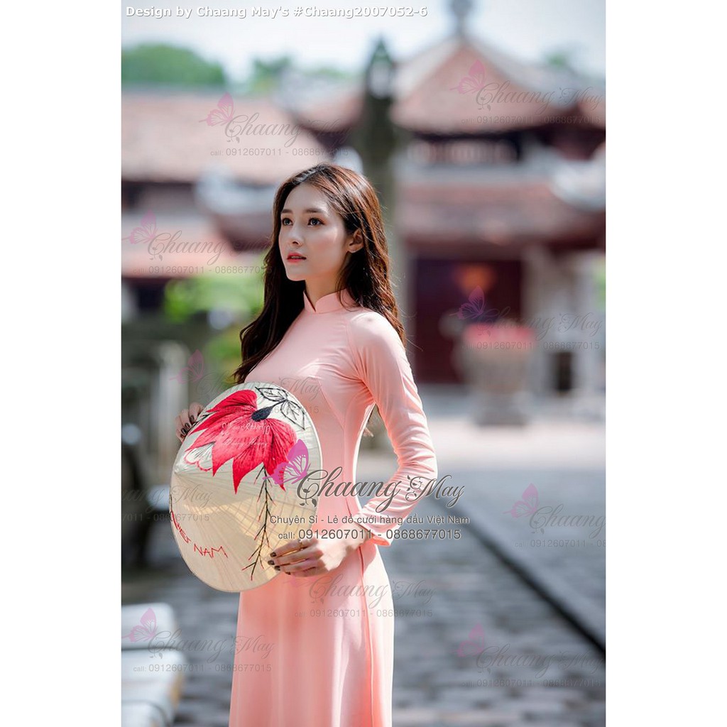 Áo dài hồng cam truyền thống Chaang May sẵn vải áo dài lụa Mỹ cao cấp cổ sen tay dài dự tiệc cưới lễ chùa tết đẹp ADC689