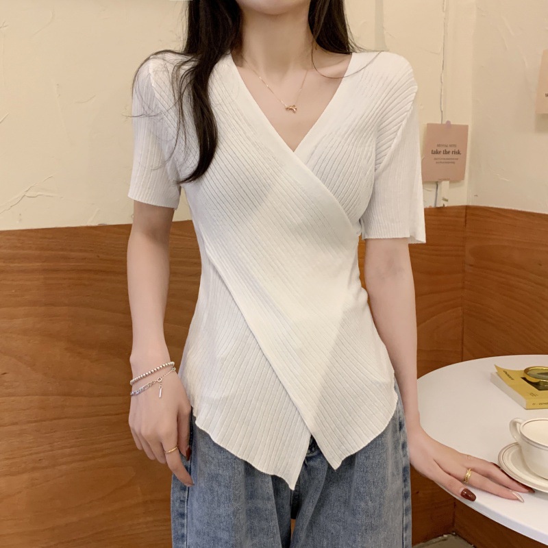 Linki ✧ Áo Dệt Kim Tay Ngắn Cổ Chữ v Thiết Kế Độc Đáo Phong Cách Hàn Quốc Thời Trang Cho Nữ