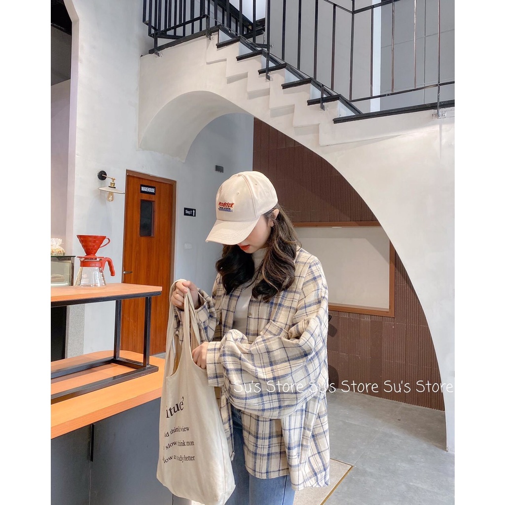 Áo sơ mi nữ kẻ caro mẫu mới from rộng dài tay bồng dáng Uzllang màu đen trắng GuuZ | BigBuy360 - bigbuy360.vn