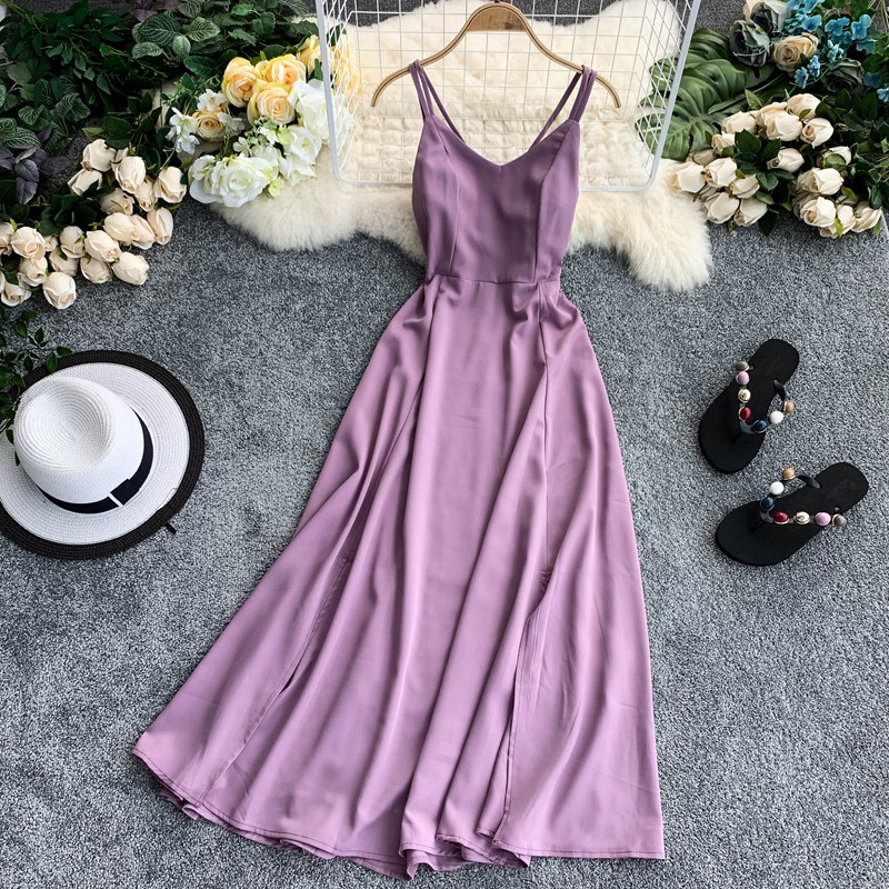 Váy đầm maxi 2 dây hở lưng dáng xòe xẻ tà chéo dây lưng cổ V màu đỏ, đen, kem, xanh