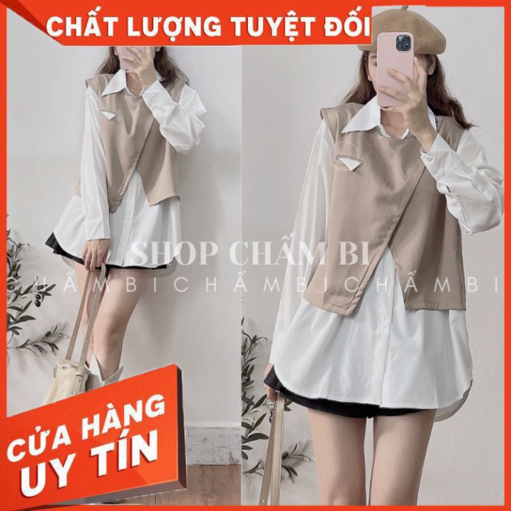 Áo sơ mi kiểu nữ A.265, Set áo sơ mi trắng dáng dài và áo gile vạt chéo cổ tròn cúc vai - Hàng nhập khẩu