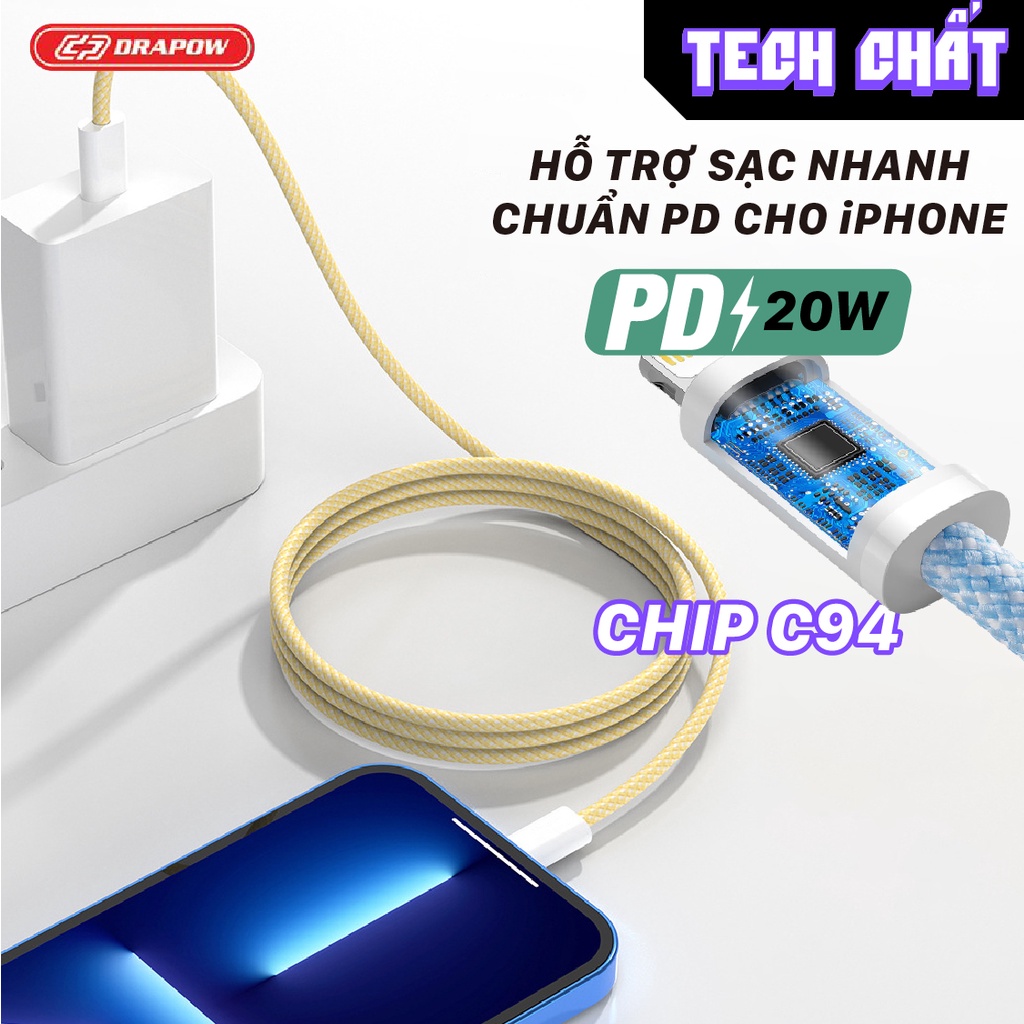 Dây cáp sạc nhanh 40W PD Type C to L/ C to C chính hãng drapow dành cho điện thoại lPhone lPAD và Android CZ07 tech chất