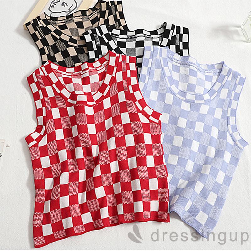 Áo Không Tay Cổ Tròn In Họa Tiết Ô Vuông Thời Trang Mùa Hè Cho Nữ