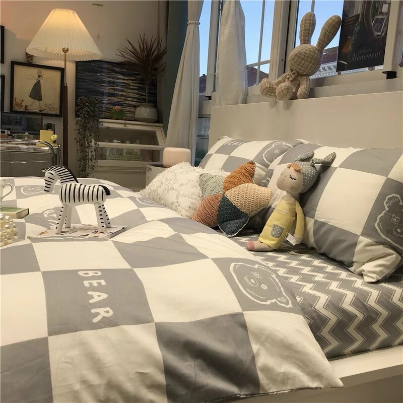 Set Bộ Vỏ Cotton Living Ô Vuông Gấu Xám_ shinbedding