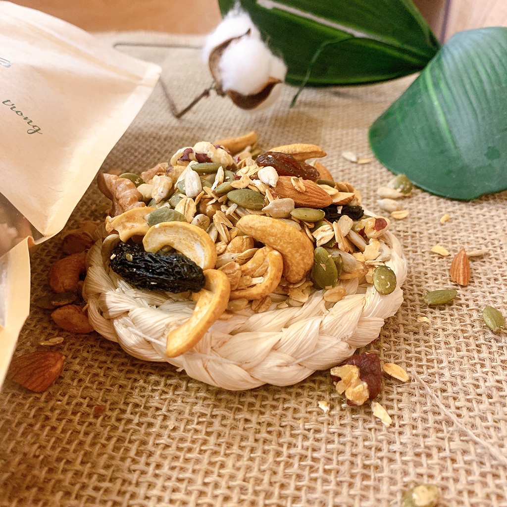 Granola siêu hạt dinh dưỡng mix 8 loại hạt không đường ít yến mạch (80% hạt) ăn kiêng healthy giảm cân