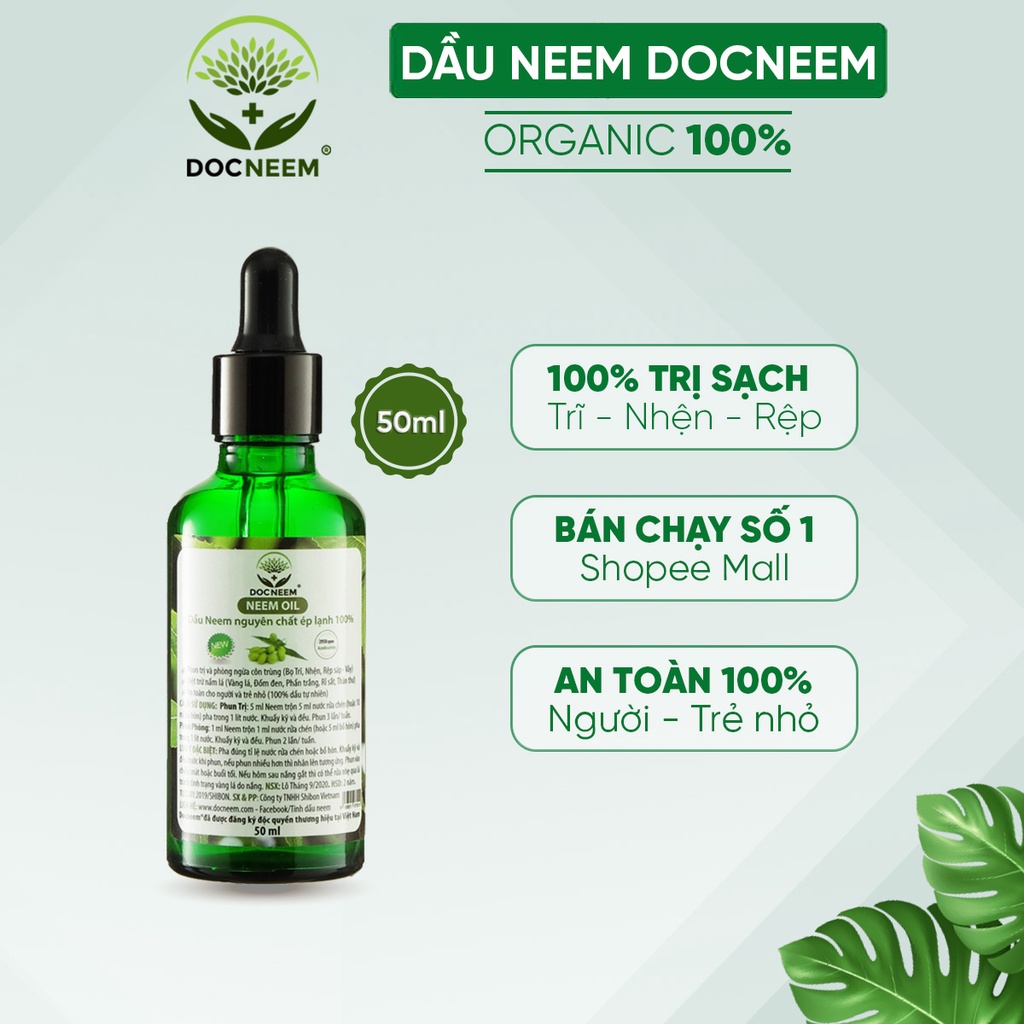 Dầu neem oil DOCNEEM hữu cơ phòng trị sâu bệnh hoa hồng, phong lan, cây cảnh, nguyên chất ép lạnh, hàng chính hãng 50ml