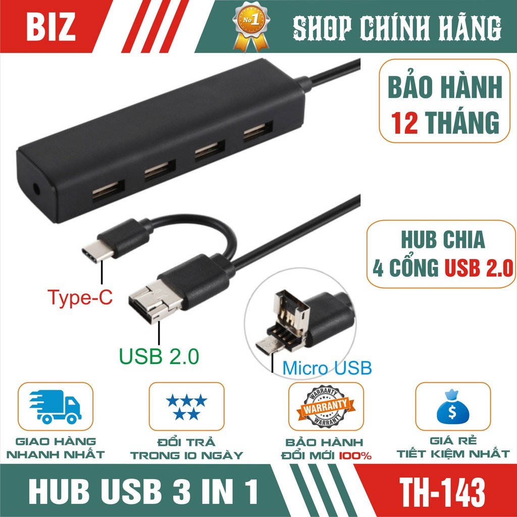 HUB chia USB /Micro USB /Type-C ra 4 cổng USB 2.0 - Bảo hành 12 tháng !!!