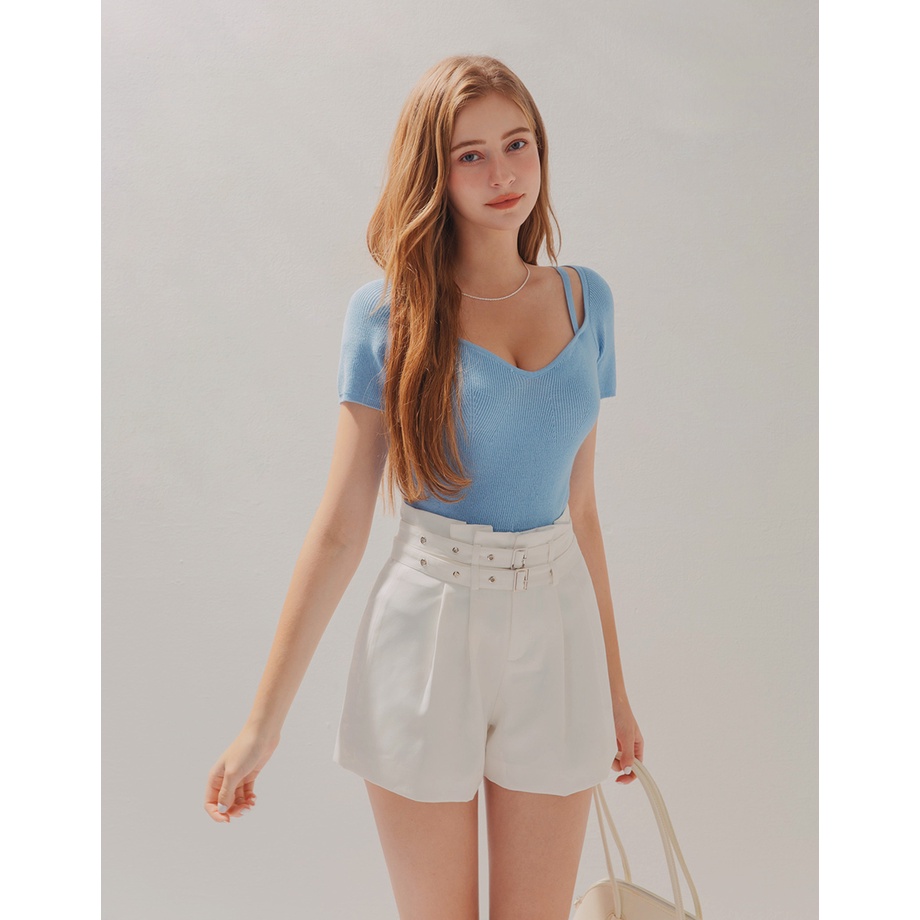 Quần short xếp ly cạp cao thắt lưng đôi  nữ Air Space 2130123002
