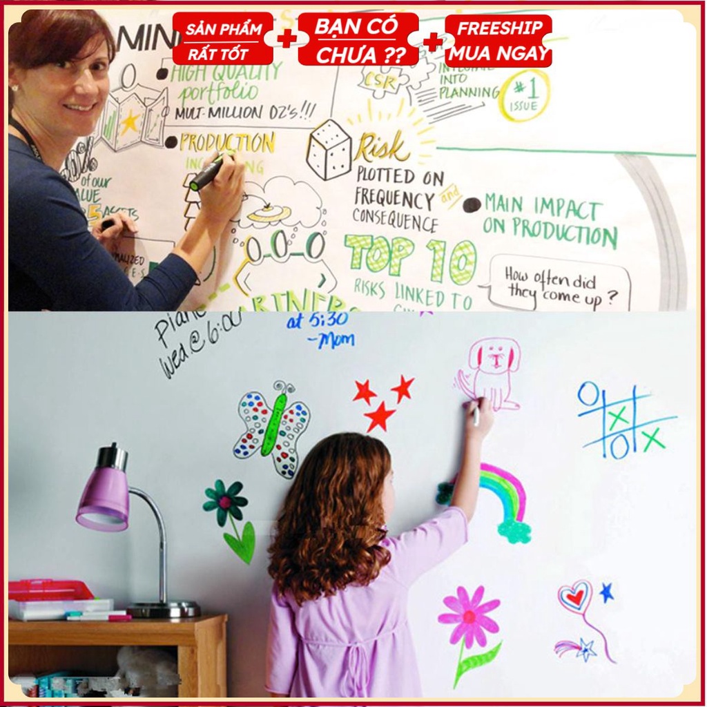 [Tặng Bút] BẢNG TRẮNG Thông Minh Dán Tường Học Tập, Họp Văn Phòng - Decal Bảng Viết Có Thể Xóa