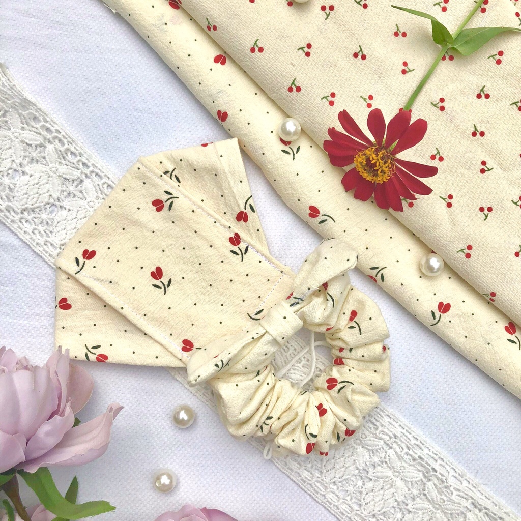 Combo khẩu trang vải 3D + Scrunchies nơ họa tiết hoa nhí