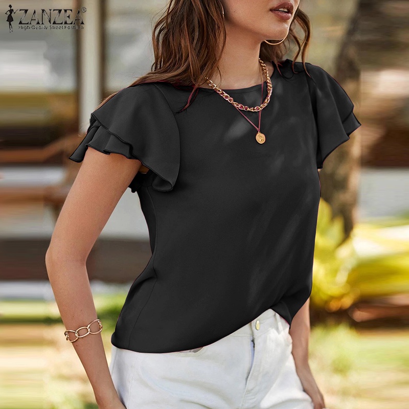Áo kiểu Zanzea tay ngắn cổ lá sen màu trơn phong cách đường phố Châu Âu cho nữ
