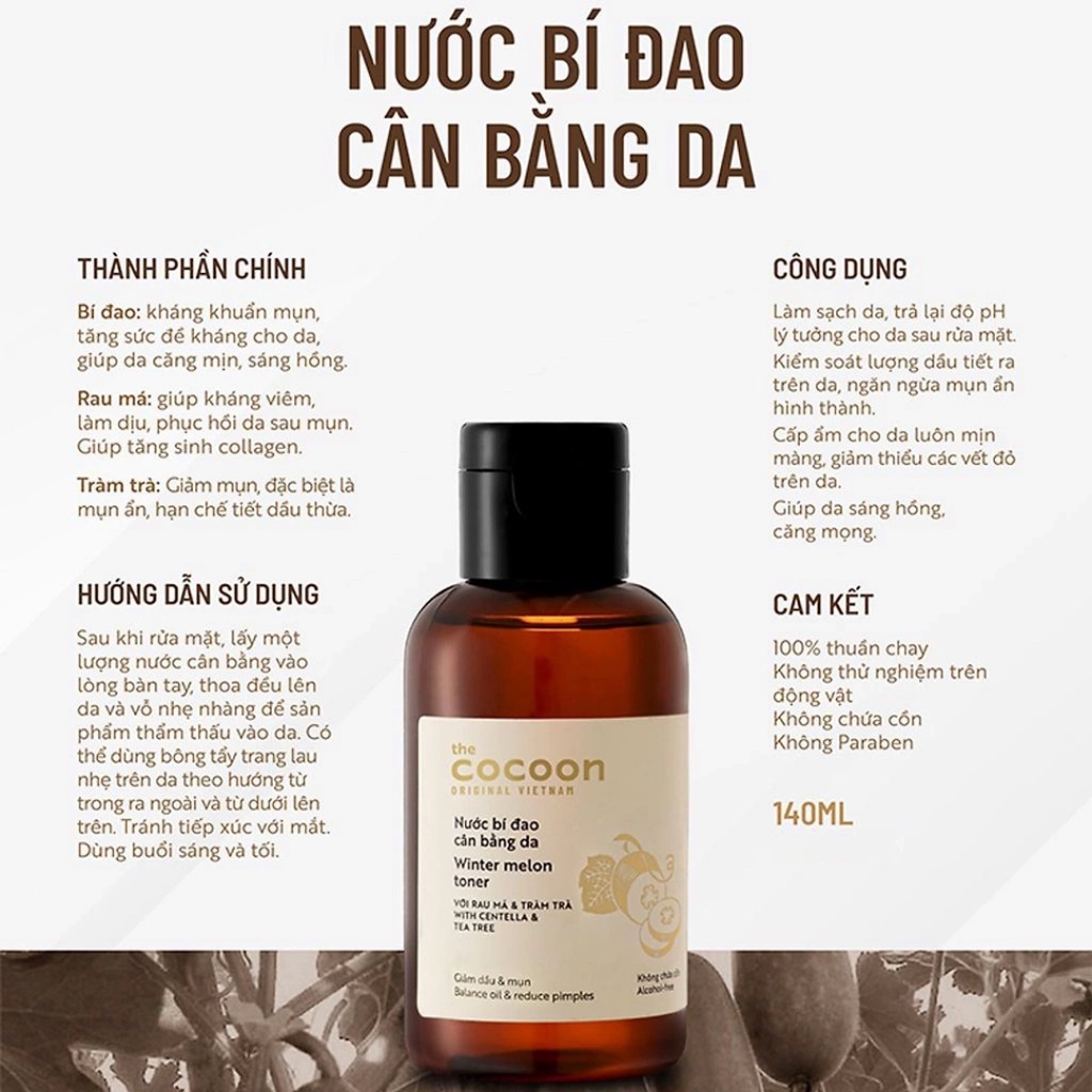 Nước Bí Đao Cân Bằng Da Giảm Dầu và Mụn Ẩn Cocoon 140ml