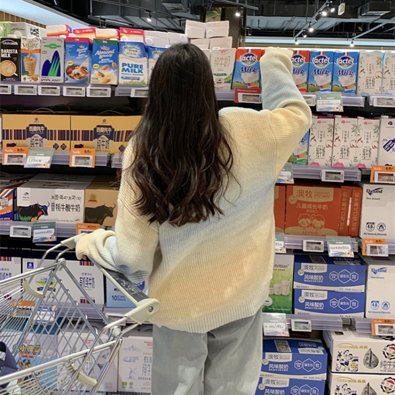 Áo Sweater Dệt Kim Cổ polo Dáng Rộng Màu Sắc Cầu Vồng Xinh Xắn Dành Cho Nữ