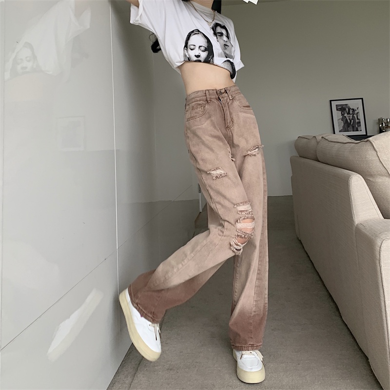 Quần Jeans Nữ Lưng Cao Ống Rộng Rách Gối Thời Trang