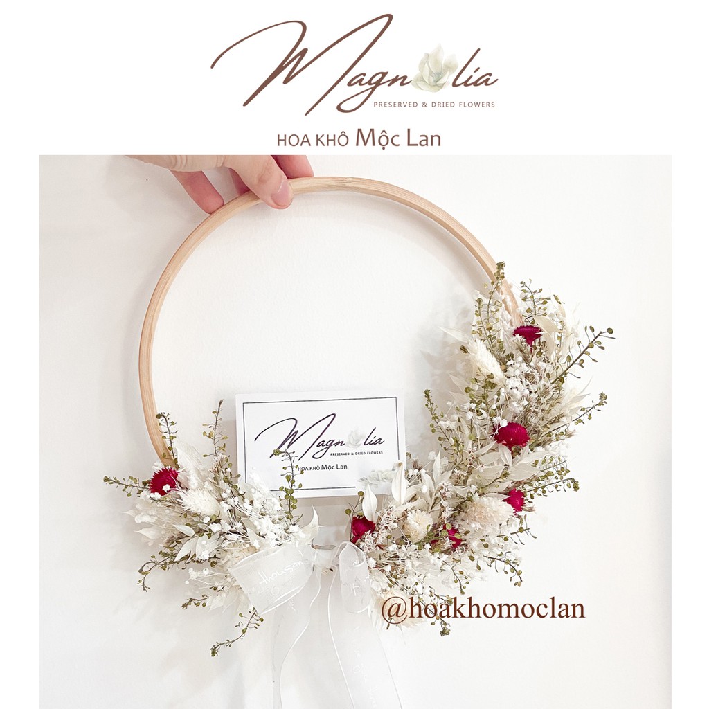 Vòng nguyệt quế đính hoa khô khung tranh treo tường, trang trí giáng sinh Noel, chụp ảnh sản phẩm, decor phòng ngủ