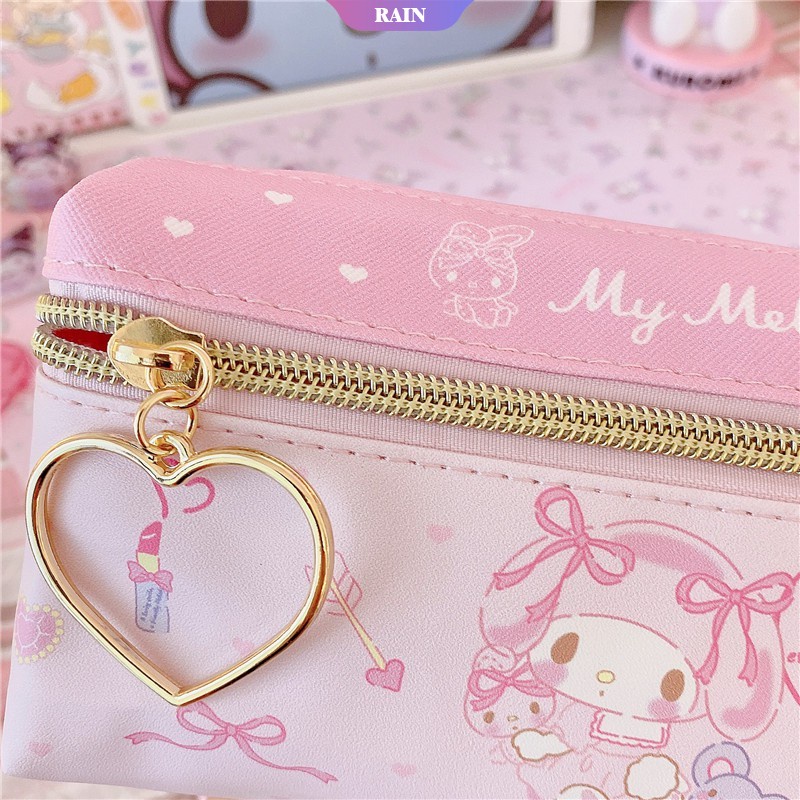 SANRIO Túi Đựng Bút Chì Kiểu Hoạt Hình Kuromi My Melody Cinnamoroll Hello Kitty Hai Lớp Phối Khóa Kéo