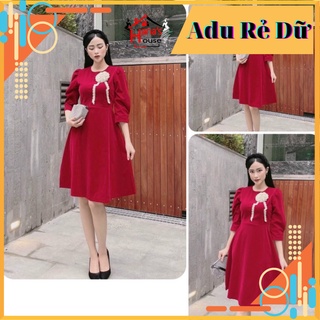 Đầm nữ cài hoa, đầm nữ nhung cao cấp màu đỏ hoa cài cổ tròn nhún eo size S M L SKUD-15