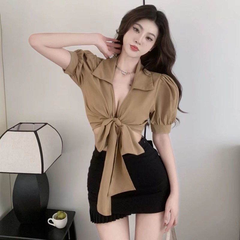 Áo Kiểu Tay Ngắn Cổ Chữ V Thời Trang Mùa Hè Quyến Rũ Cho Nữ