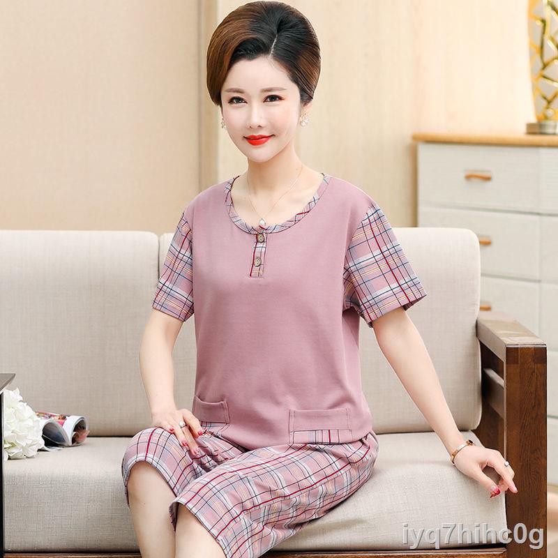 Pyjama nữ quần dài cotton tay ngắn, trung niên và cao tuổi, size lớn, người béo mm, mẹX