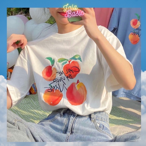 Áo thun trắng nữ form rộng tay lỡ cotton in hình quả đào , Áo phông nữ Hàn Quốc