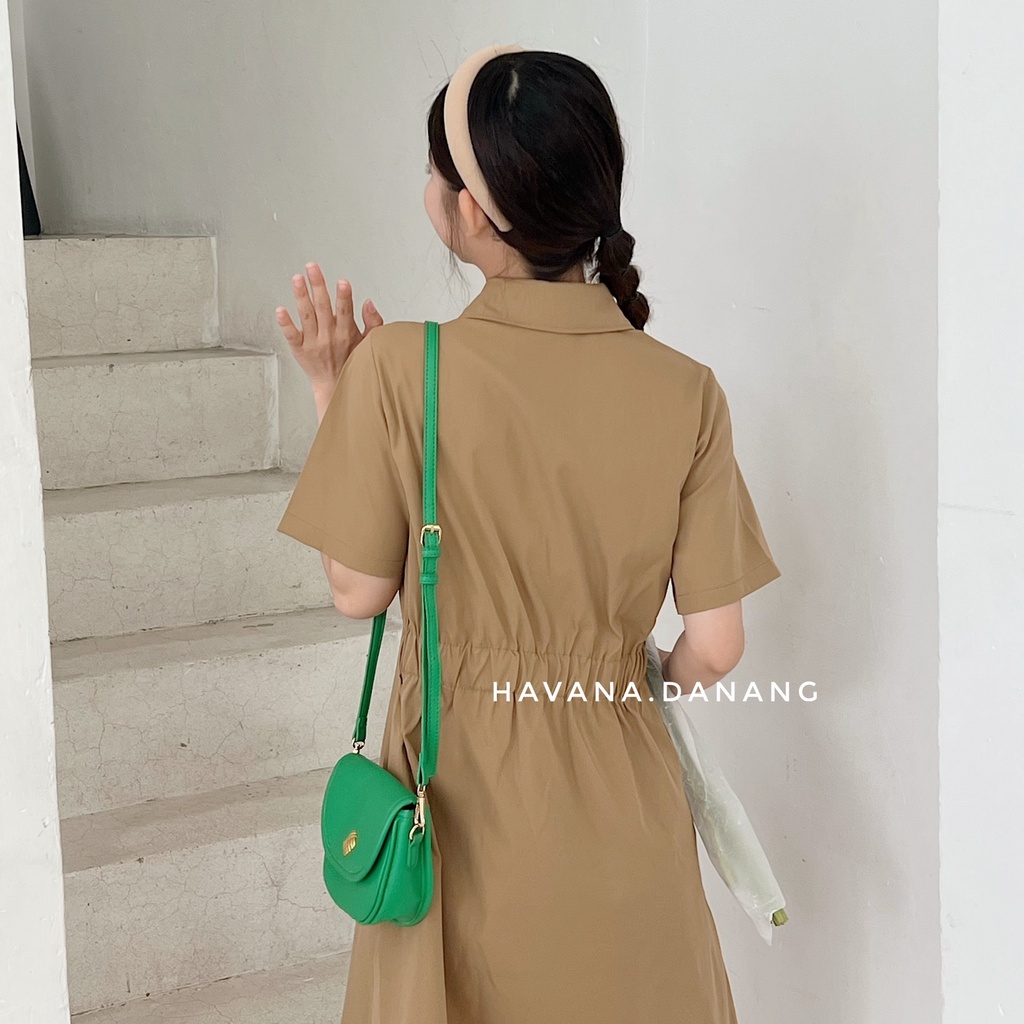 Váy sơ mi cộc tay, sơ mi khuy gỗ eo chun co giãn, váy thanh lịch form xòe AE167
