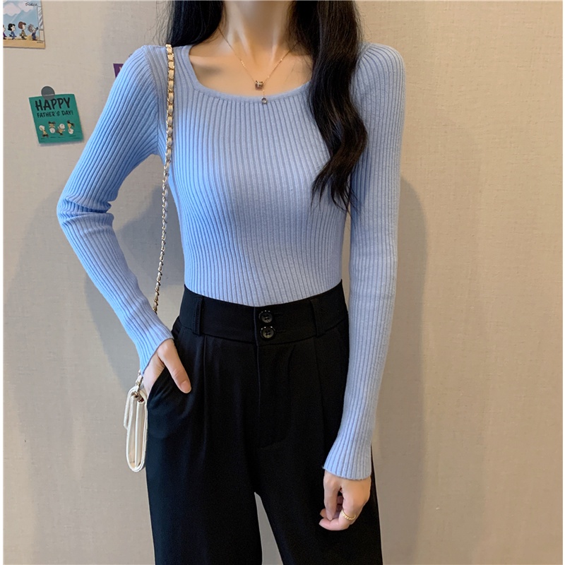 Áo dệt kim ZHELIHANGFEI dài tay cổ vuông ôm dáng linh hoạt cao cấp