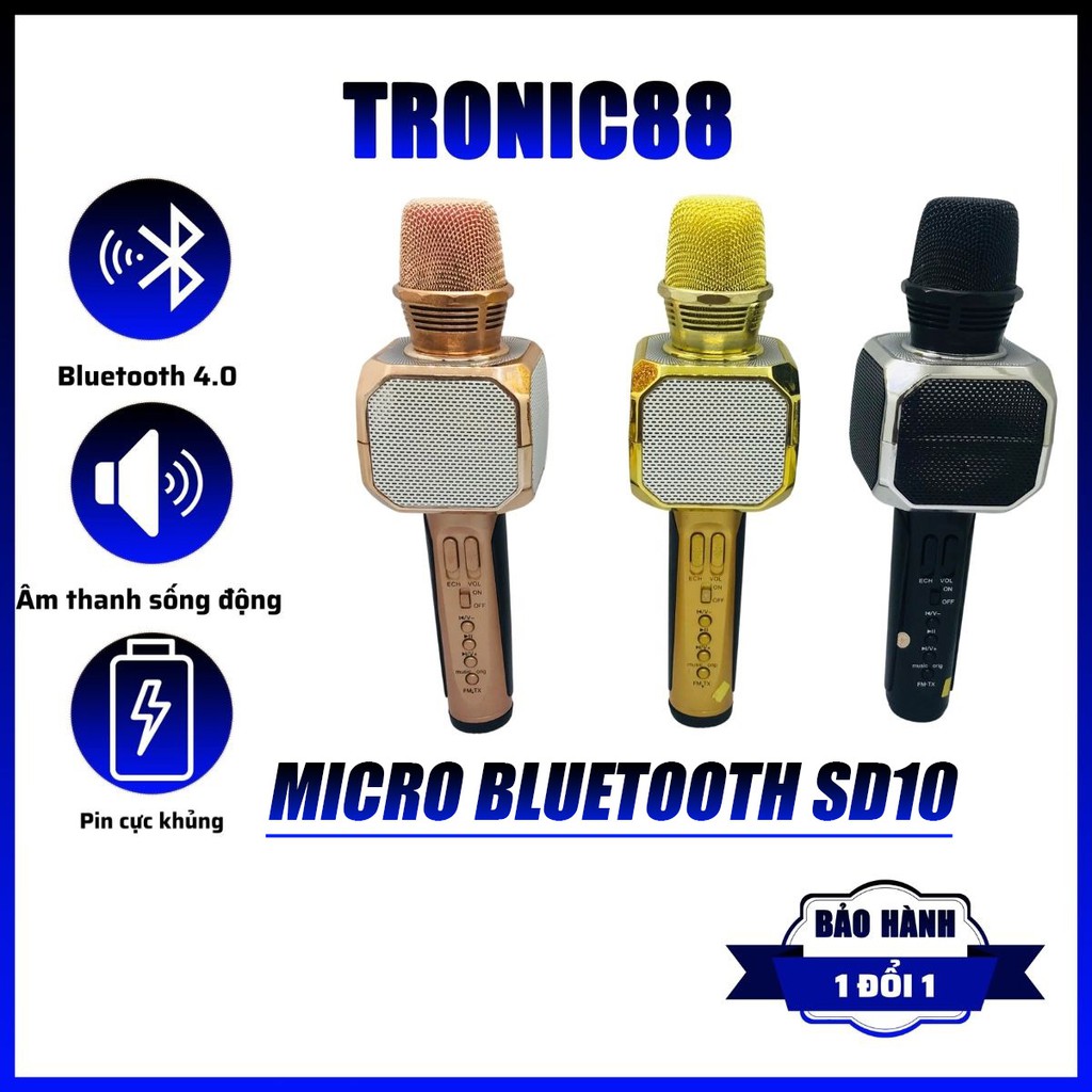 Micro Karaoke Bluetooth SD10 Không Dây Vỏ Kim Loại Cực Bắt Âm Hỗ Trợ Tai Nghe Thẻ Nhớ