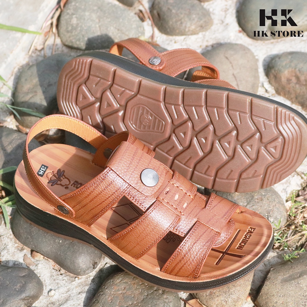 Dép sandal nam trung niên 💝 HK.STORE 💝 da bò xịn kết hợp đế kếp cao 3,5cm cực đẹp khâu may chân quai công nghệ 2021.