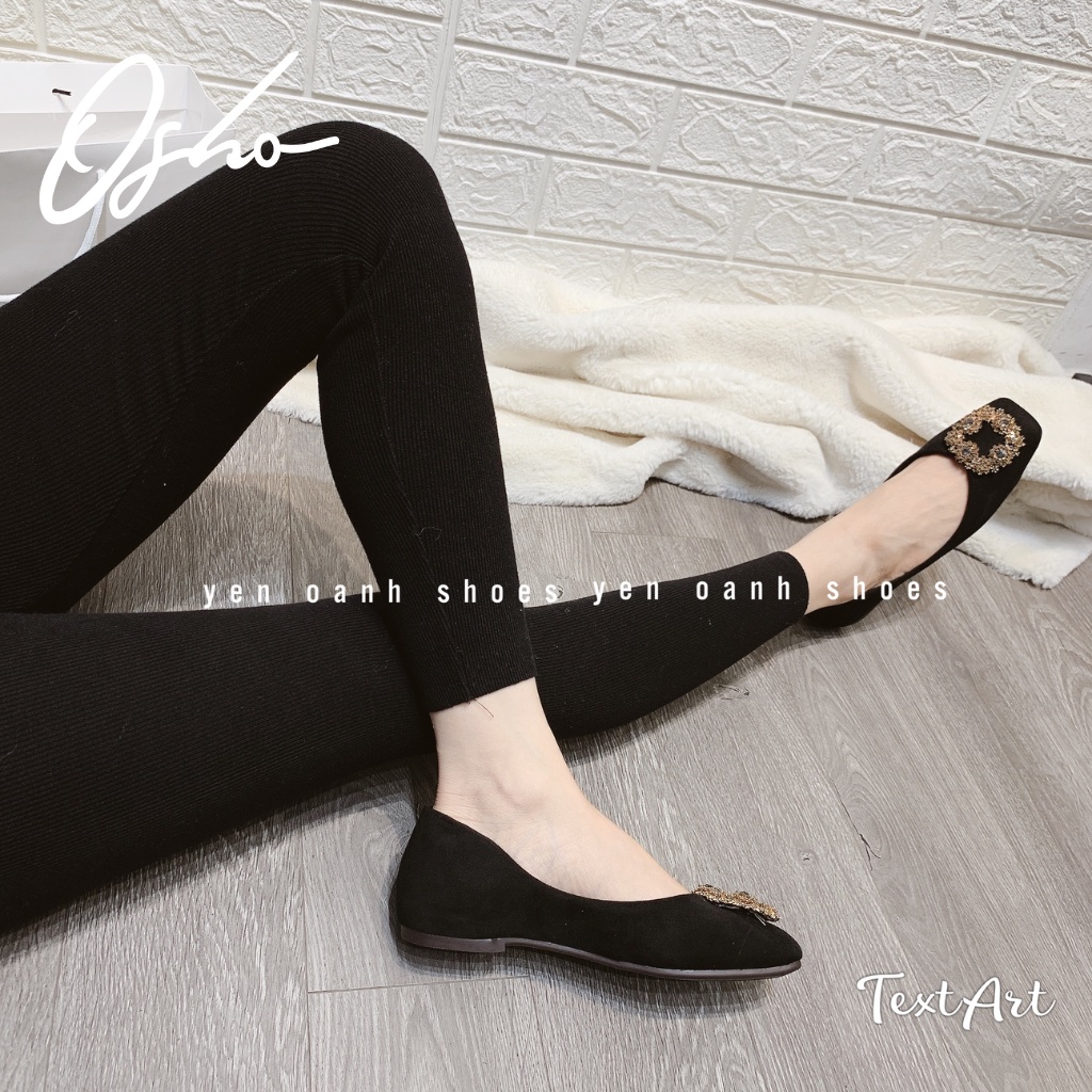 Giày Bệt Nữ Thiết Kế OSHO Đính Nơ Đá Họa Tiết Mũi Vuông, Ôm Chân Tôn Dáng, Chất Da Lộn Cao Cấp 613-52