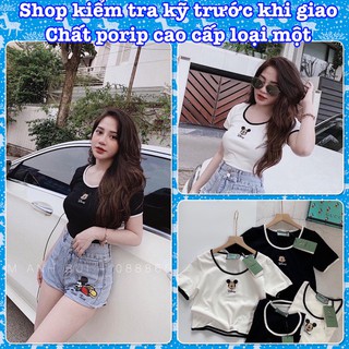 Chuẩn Áo croptop nữ porip một chạy viền thêu hình micky cực hot - Ảnh thật kèm video - hàng có sẵn hàng chọn