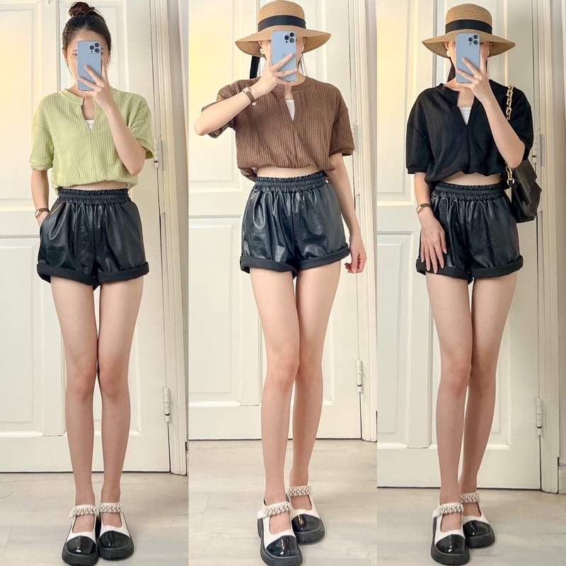 Áo croptop nữ ngắn tay phối hai lớp 3 màu