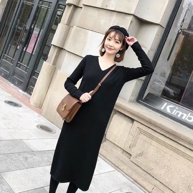 Váy len gân cổ tym basic Đầm len dáng suông màu đen be xẻ chân form tới 65kg hàng QC dày dặn