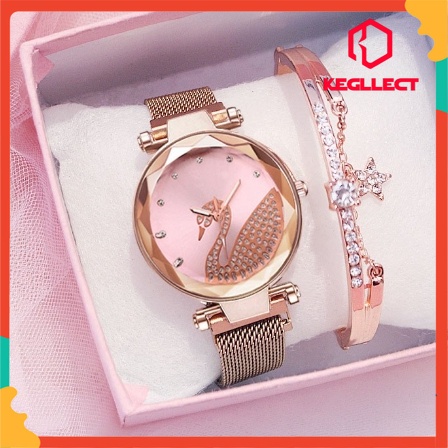 Kegllect Thời Trang Đồng Hồ Nữ Dây Thép Lưới Mặt Đính Kim Cương Chống Nước