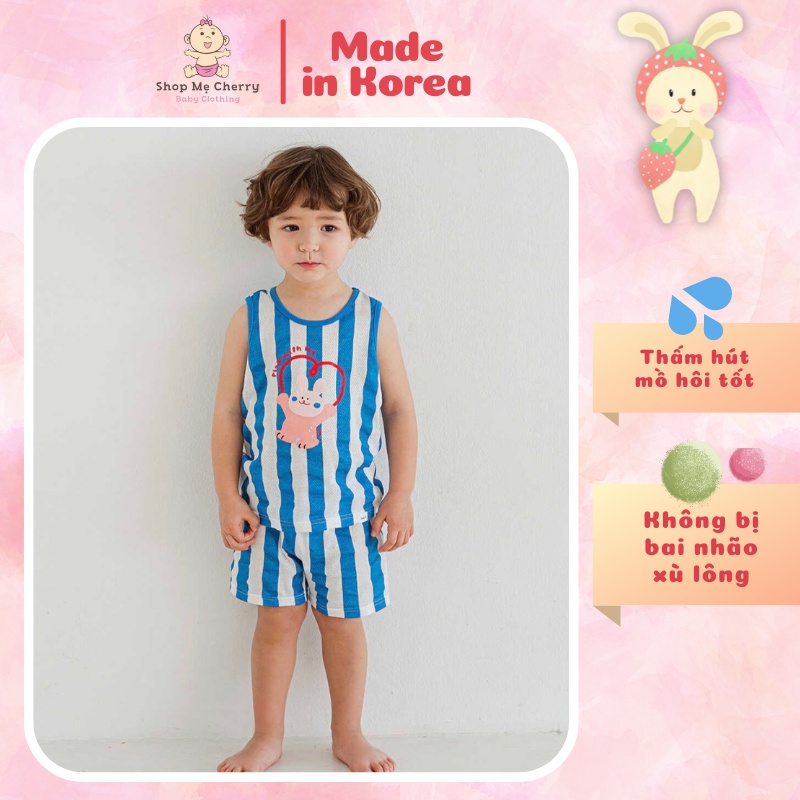 Bộ ba lỗ Cao Cấp Bé Trai Nội Địa Hàn Quốc Của Hãng Cordii, Chất Cotton giấy Organic, Mẫu sọc xanh