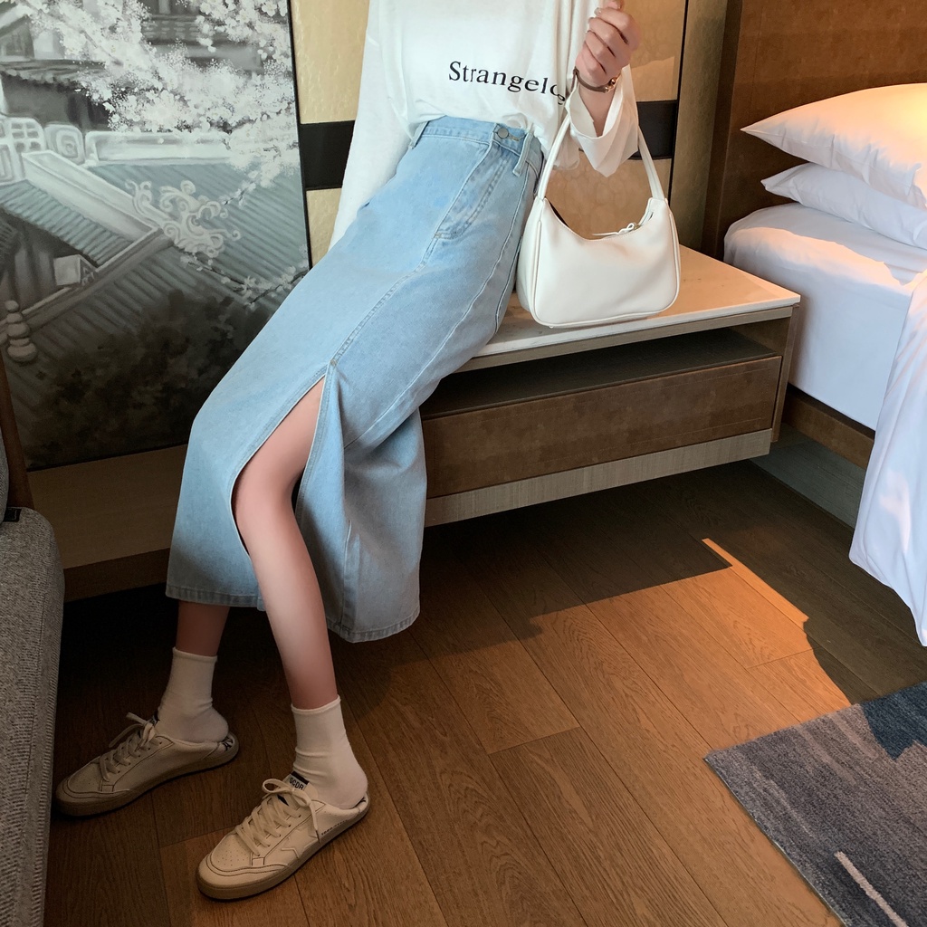 IELGY Chân váy jean dáng chữ A lưng cao thời trang retro cho nữ