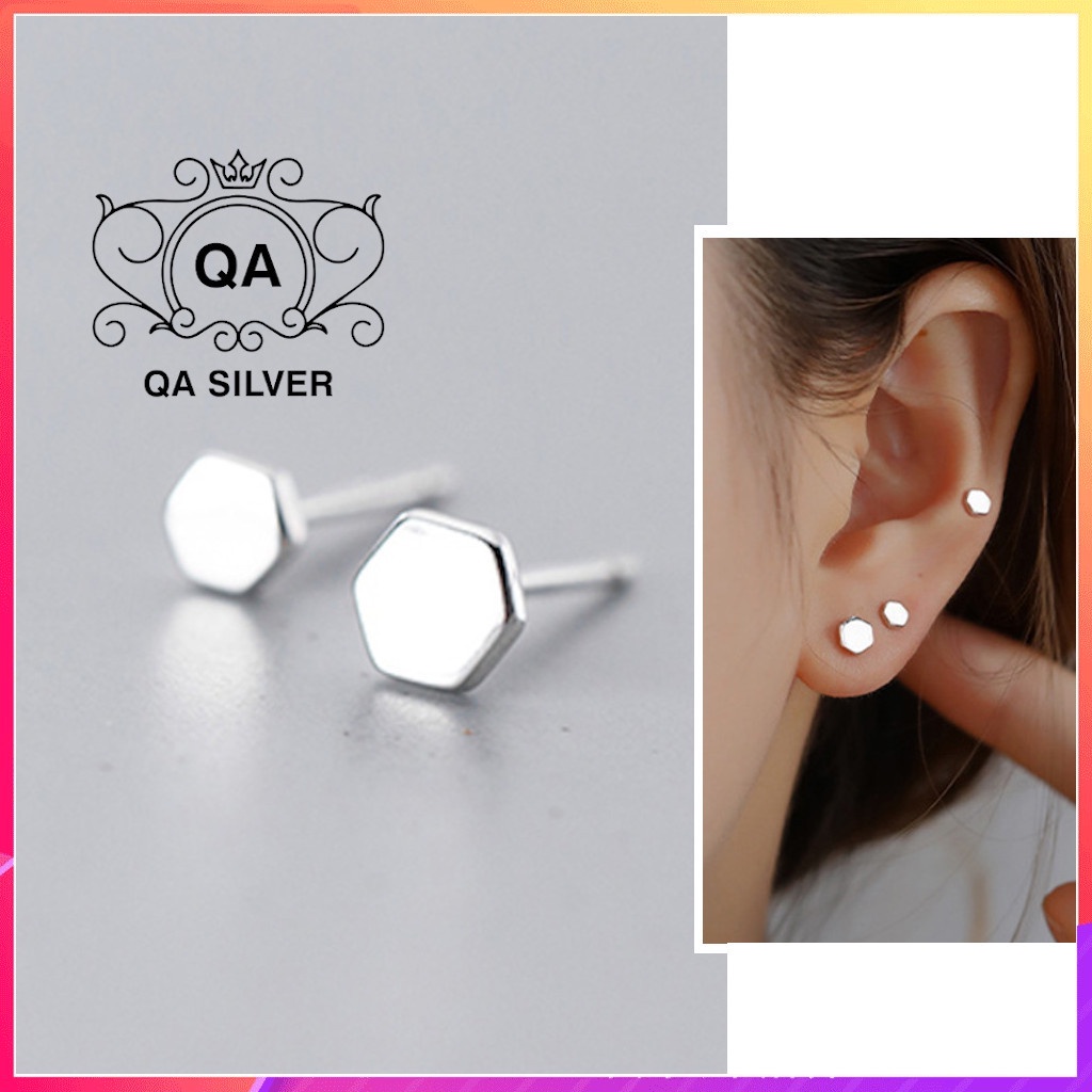 Khuyên tai bạc 925 lục giác 6 cạnh bông nam nữ hình học đa giác S925 GEOMETRIC Silver Earrings QA SILVER EA200605