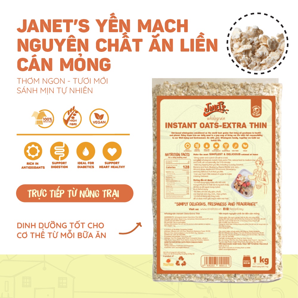 [Tặng 01 hộp Yến mạch nguyên chất ăn liền cán mỏng Janet's 300g] Yến mạch nguyên chất ăn liền cán mỏng Janet's 1kg