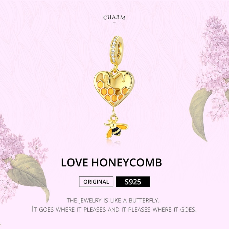 Hạt xỏ làm trang sức Bamoer Scc1714 Bạc 925 Hình Trái Tim Họa Tiết Tổ Ong Màu Vàng Độc Đáo Diy