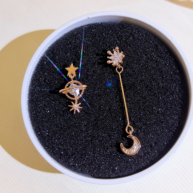 [Jiudolan] Bông Tai Mạ Vàng 18K Đính Đá Zircon Mặt Trăng Ngôi Sao Thanh Lịch
