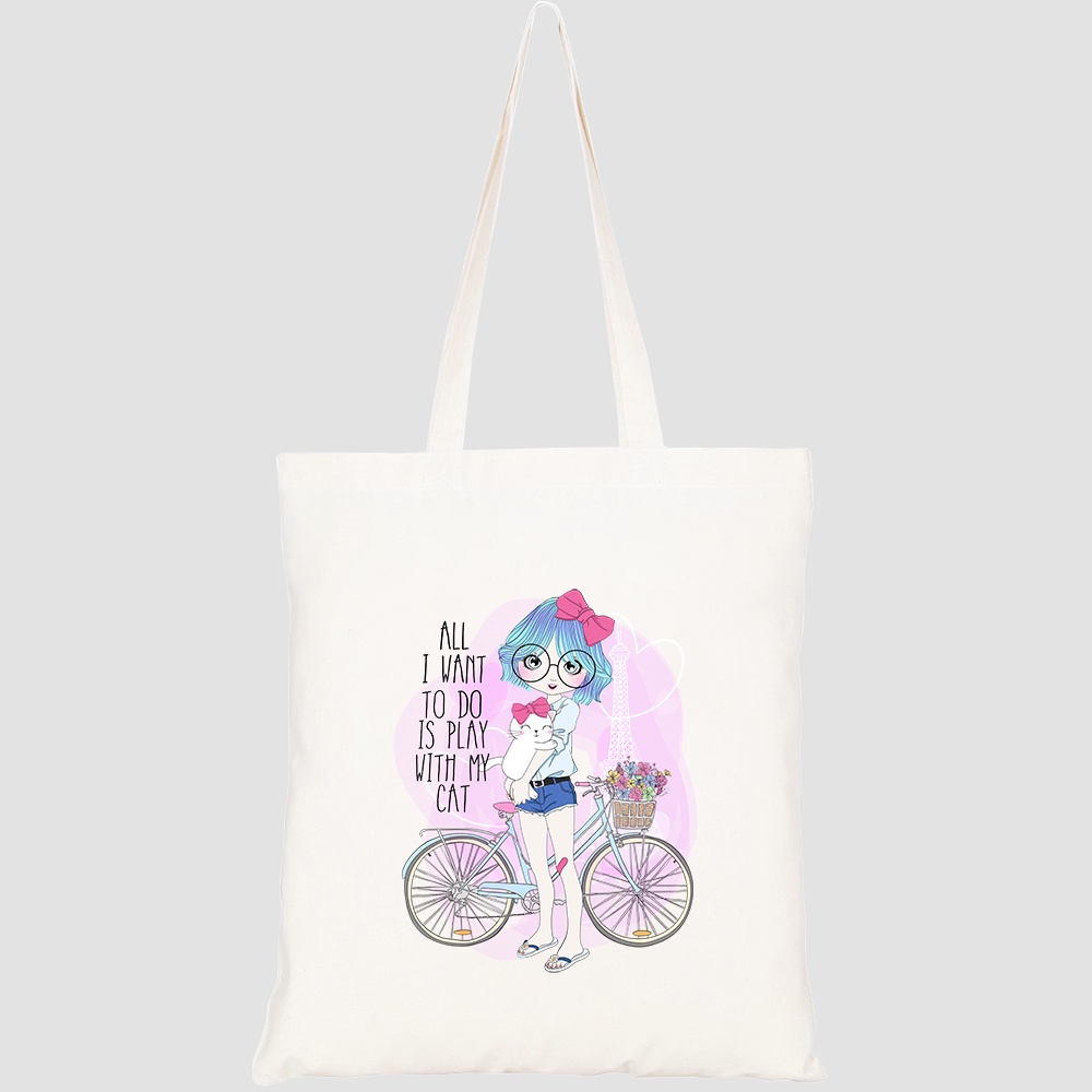 Túi vải tote canvas HTFashion in hình cute girl with cat HT114