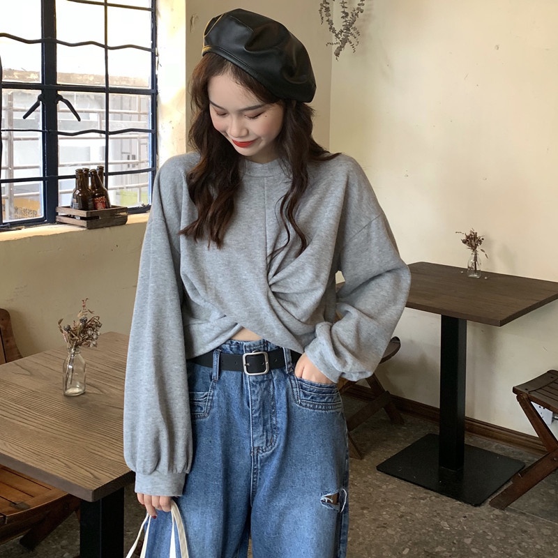 Áo sweater SUXI tay dài dáng rộng đơn giản phong cách Hàn Quốc thời trang dành cho nữ