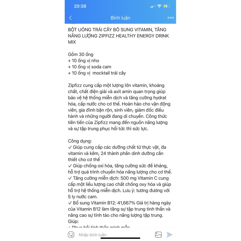 Bột uống trái cây bổ sung Vtmin,tăng năng lượng Zipfizz -Mỹ