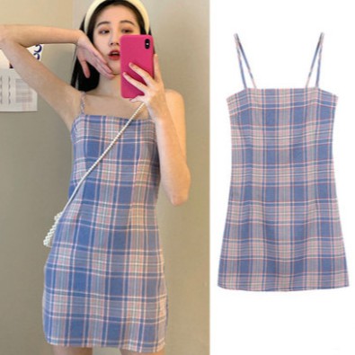 NUZIRO  Đầm Hai Dây Họa Tiết Ca Rô Ca Rô Xinh Xắn Dành Cho Nữ