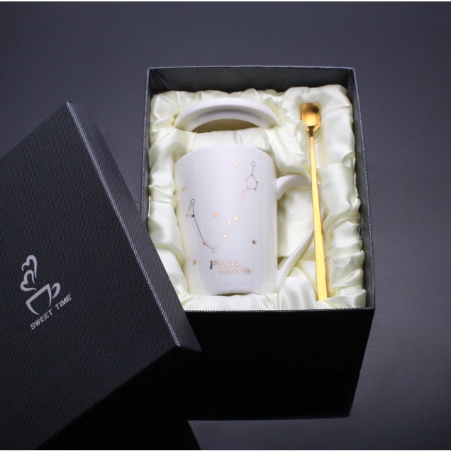 Cốc sứ cao cấp in 12 Cung hoàng đạo có nắp và thìa và hộp đựng sang trọng