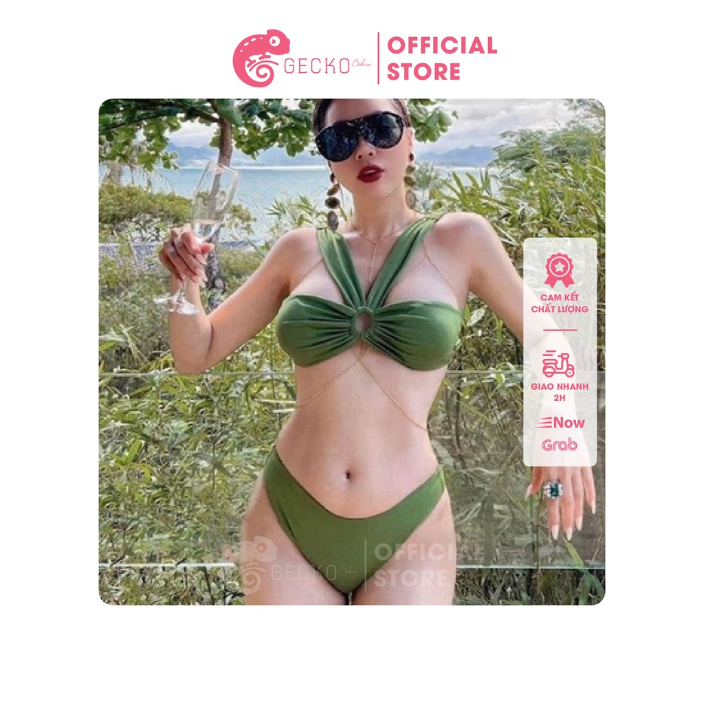 Set Bikini Đồ Bơi 3 Món Hồ Ngọc Hà Áo Khoen Tròn Váy Xoắn Eo Xanh Rêu Va Đen GK0321 (Ảnh Video, Màu Thật)