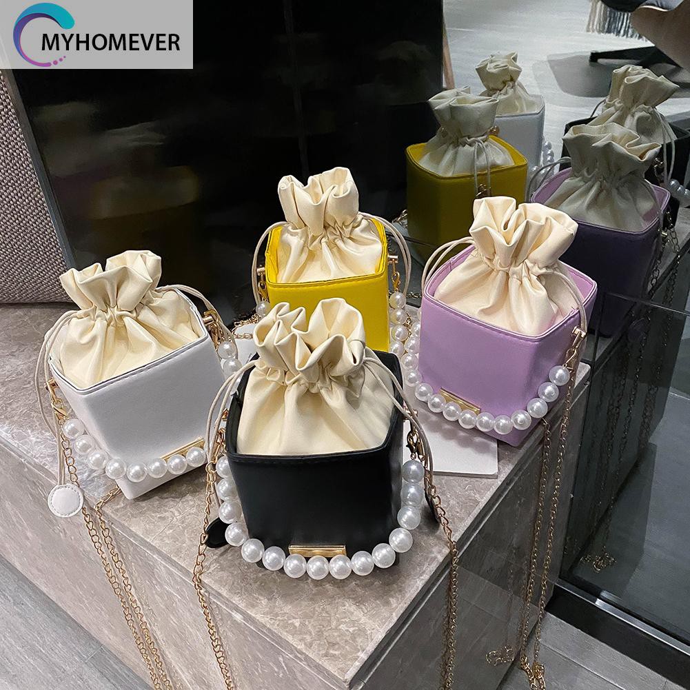 Túi Xách Dây Rút Da Pu Đính Hạt Ngọc Trai Cho Nữ