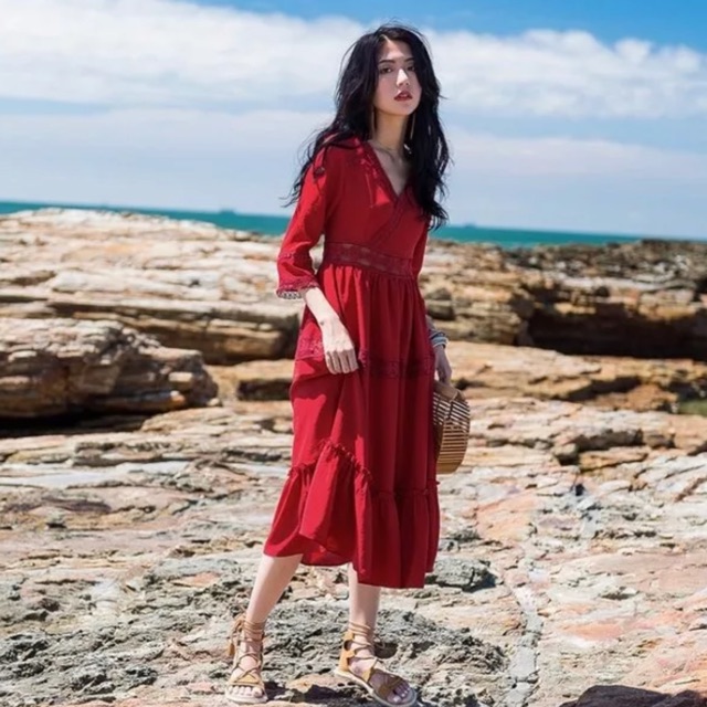 Váy boho đỏ dáng dài Váy maxi dài đỏ