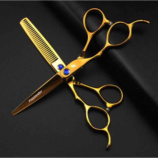 Bộ kéo cắt tóc tay trái Freelander vàng (Mua cặp tặng bao da, chỉnh kéo, lược toni guy)